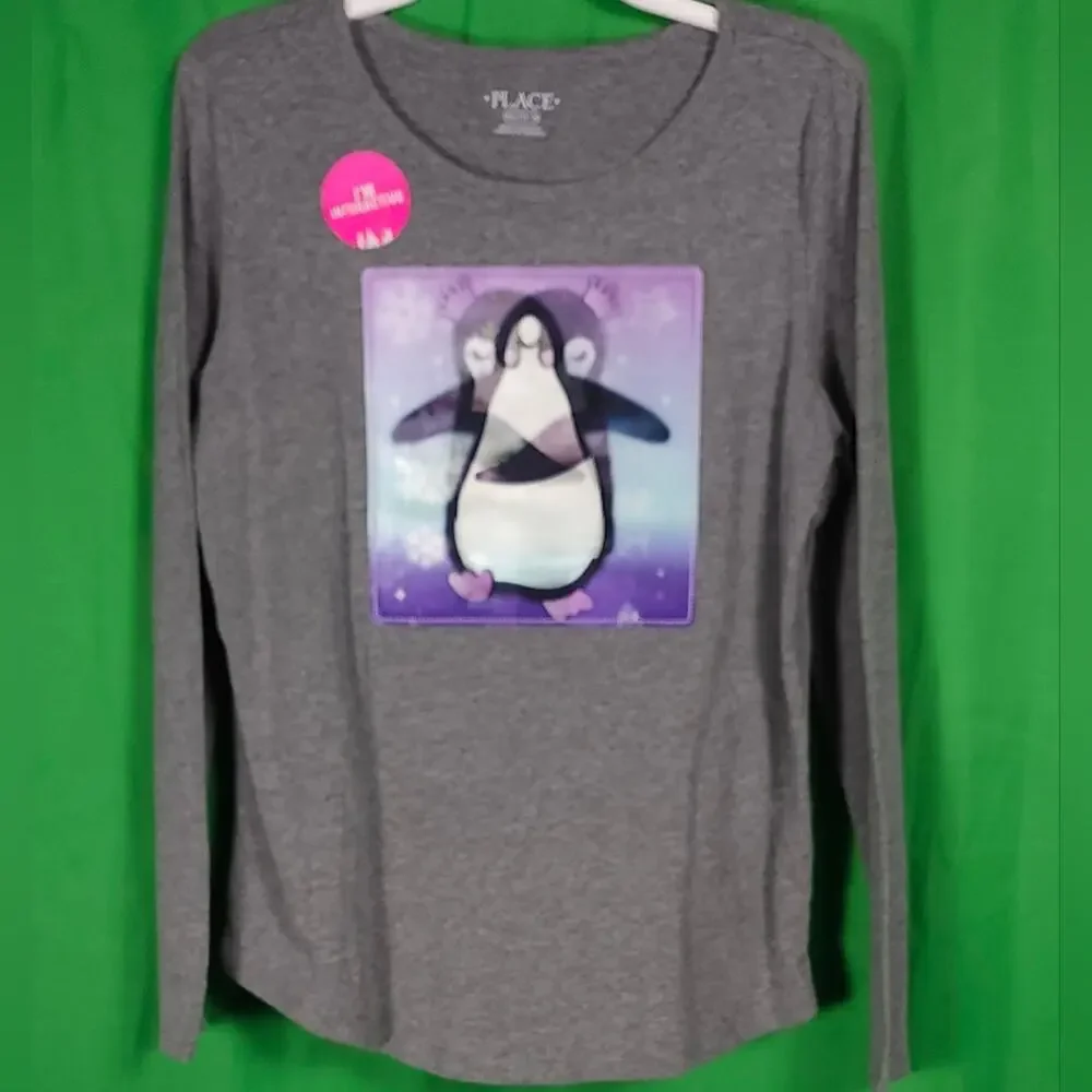 NWT Children’s Place Interactive Penguin Shirt • Girls XXL (16) • Gray • Rare